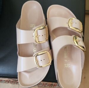 SOLD Birkenstock Women's Light Blush Pink Sandals with Gold Buckles